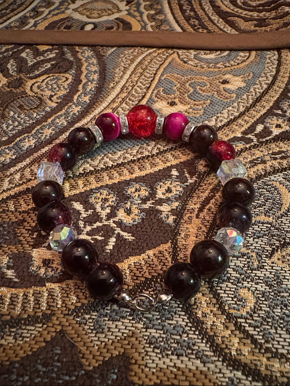 Dark Garnet and Red Tigers Eye Beaded Stretch Bracelet with Crystal Accents